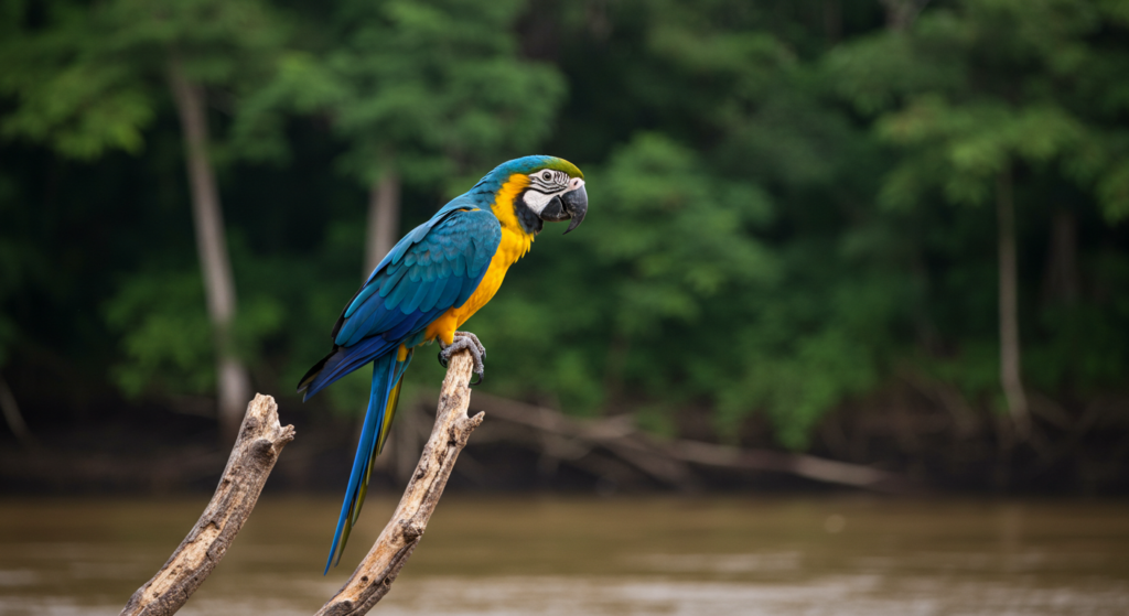A majestosa arara-azul na Amazônia, com suas penas vibrantes e olhar atento, representando uma das aves mais raras do Brasil.