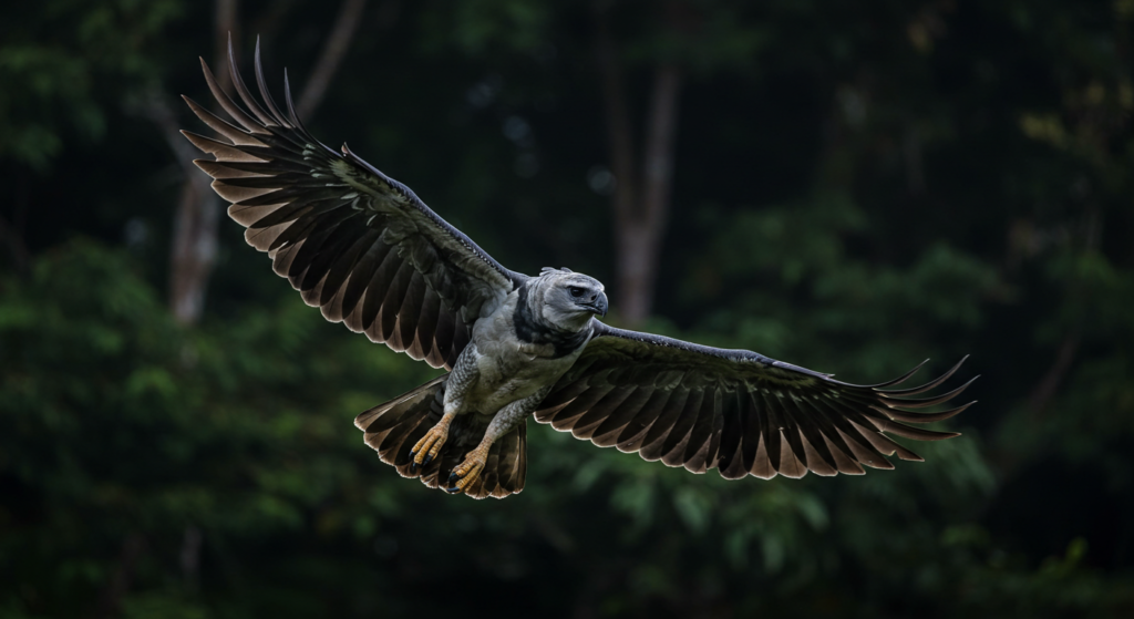 O imponente gavião-real brasileiro em pleno voo, uma das aves de rapina mais poderosas do mundo, símbolo de força e precisão.