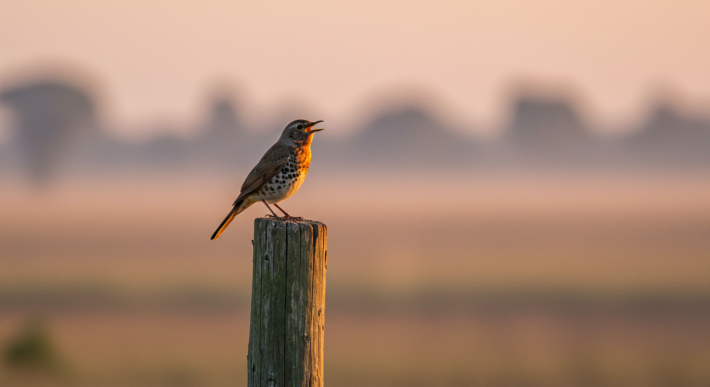 O encantador sabiá-laranjeira entoando seu canto ao amanhecer, uma trilha sonora natural dos lares brasileiros e símbolo nacional.