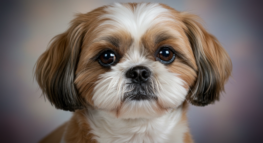 Close-up de um Shih Tzu marrom e branco, com olhos grandes e expressivos, fundo desfocado em tons suaves.