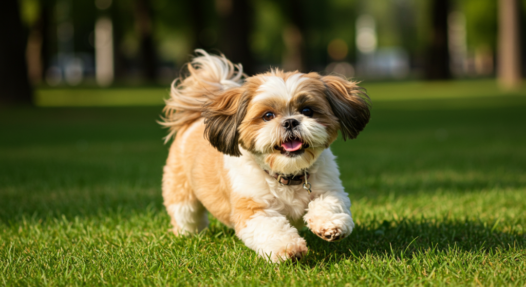 Shih Tzu marrom e branco correndo feliz em um gramado verde, com expressão alegre e língua de fora.